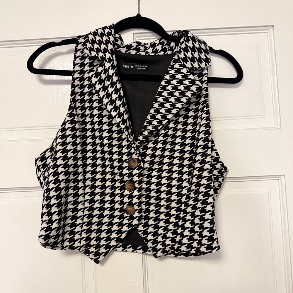 SHEIN Monochrome Houndstooth Buttoned Vest